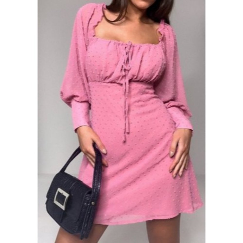 Mauve Square Neck Long Sleeve Dobby Dress